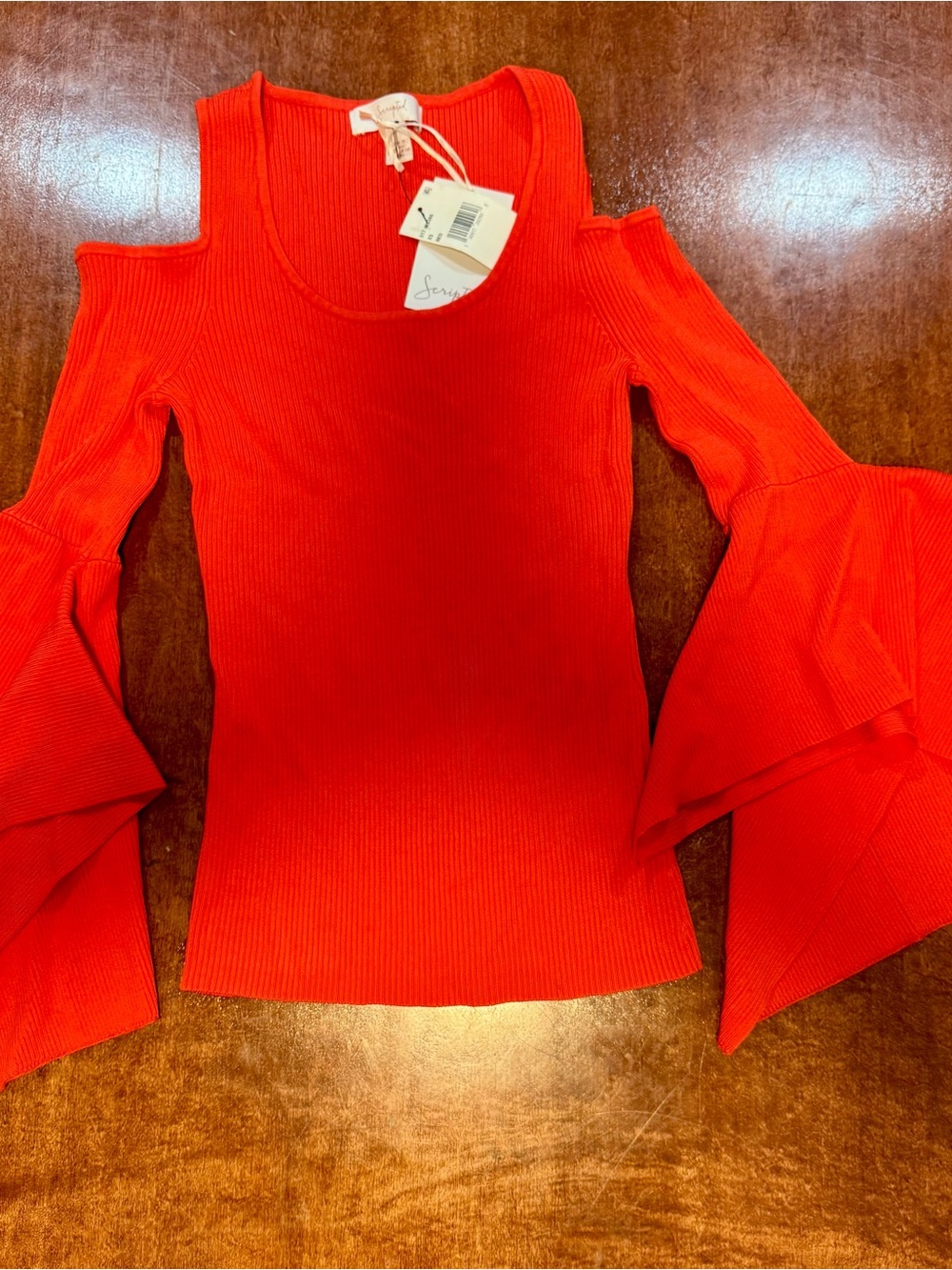 Scripted Bold Orange Cold-Shoulder Ribbed Bell-Sleeve Top